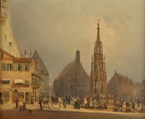 Kaunis suihkulähde Nürnbergin Frauenkirchen edessä. tekijältä Rudolf von Alt