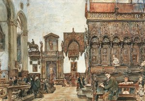 Basilica di Santa Maria Gloriosa dei Frari -basilikan sisätilat Venetsiassa ja rukoukset kuorokarsinoissa. tekijältä Rudolf von Alt