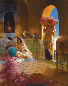 Les parfumeuses - Hajusteiden valmistajat - Rudolf Ernst (1854-1932). Öljy puulle Mitat : 55,5x45 cm Yksityiskokoelma