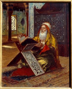 Työpöytä Imaami lukee Koraania. Rudolph (tai Rudolphe) Ernstin (1854-1932) maalaus 1800-luvulta Nantes, Musee des Beaux Arts tekijältä Rudolphe Ernst