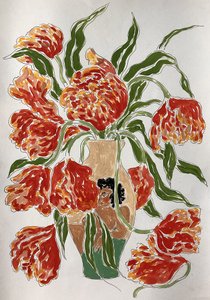 Värikkäät tulppaanit maljakossa