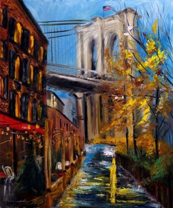 Syksy Brooklynin sillalla DUMBO:ssa New Yorkissa, 2021 (öljy kankaalle)