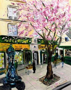 Cherry Blossoms at Shakespeare and Co Paris - kultakoristeella, 2023 (öljy kankaalle)