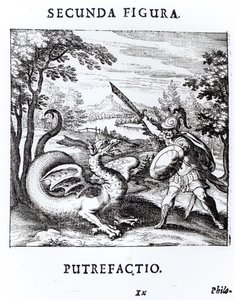 Ritari kukistaa lohikäärmeen ruumiillistuvan "Mädän" Basil Valentinen teoksesta "Musaeum Hermeticum Reformatum", 1678 tekijältä Russian School