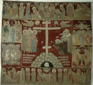 Neitsyen esiintyminen Pyhälle Sergiukselle, 1525 (kulta-, hopea- ja silkkilanka, setti helmillä ja rubiineilla kullassa) tekijältä Russian School