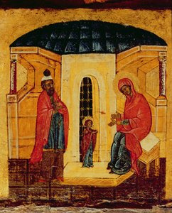 Ikoni, joka kuvaa Jeesusta temppelissä, n. 1550 (tempera & kultalehti taulussa) (314500:n yksityiskohta) tekijältä Russian School