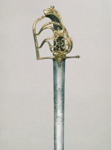 Upseerien leveä miekka, johon kaiverrettu kaksipäinen kotka Pyhän Yrjön hahmolla keisarillisen kruunun alla, kahva koristeltu Katariina II:n monogrammilla 1729-96, Venäjä, 1700-luku (teräs, broni tekijältä Russian School