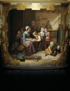 Maalattu yksityiskohta Aleksanteri II:n kaksikahvaisesta posliini- ja lehtikultamaljakosta, joka kuvaa kouluhuonekohtausta B:n jälkeen, 1866 tekijältä Russian School