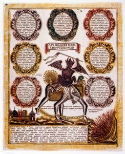 Venäläinen kaavamainen kuva "Seitsemän kuolemansynnistä". Uskonnollinen traktaatti n. 1850 (kaiverrus) tekijältä Russian School