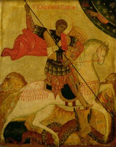 St. George tappamassa lohikäärmettä (tempera paneelissa) tekijältä Russian School