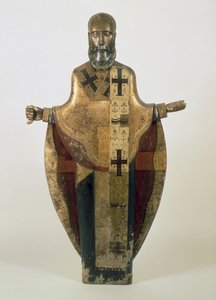 Pyhän Nikolauksen Moshaiskin patsas, venäjä, 1500-luvun loppu (puu, koristeellinen brokaatti, gesso, tempera)