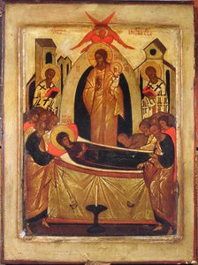 Neitsyen Dormition (tempera ja kultalehti paneelissa) tekijältä Russian School
