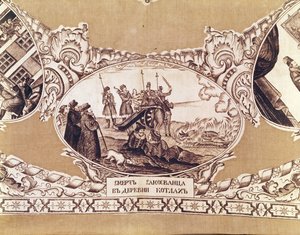 Väärän Dimitrin teloitus, yksityiskohta huivista, joka kuvaa kuninkaallisen huijarin historiaa (tekstiili) tekijältä Russian School