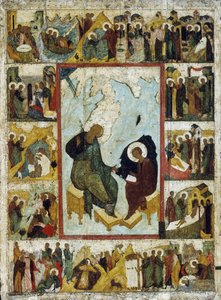 Pyhä Johannes evankelista Patmosella kohtauksia hänen elämästään, 1500-luvun alku. tekijältä Russian icon.