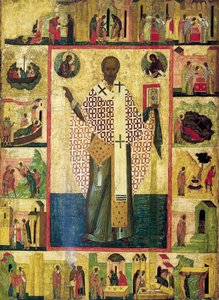 Pyhä Nikolaus Zaraiskilainen kohtauksineen elämästään, 1500-luvun alku. tekijältä Russian icon.