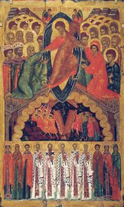 Laskeutuminen helvettiin, valittujen pyhien kanssa, 1400-luvun loppu. tekijältä Russian icon.