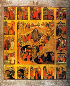 Laskeutuminen helvettiin Kristuksen kärsimyksen kohtauksilla, 1500-luku.