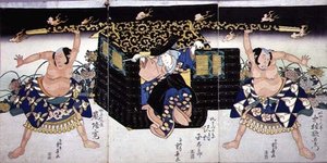 Kohtaus kabukinäytelmän 4. näytöksestä "Ashiya doman ouchi kagami".