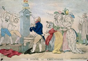 Kohtaus Cheltenhamissa. Satiirinen sarjakuva, pubi. 1788 tekijältä S.W. Fores