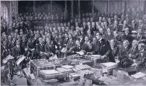 Yksi parlamentin historian merkittävimmistä tapahtumista 3. elokuuta 1914, Cassells History of the British People -julkaisusta, jonka on julkaissut Waverley Book Company Limited, noin 1940.