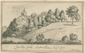 Chartley Castle: seepiapiirustus, elokuu 1777 tekijältä S Bentley