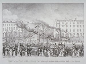 Näkymä ehdotetusta höyrylaiturista Lea-joen suulla, n. 1835 tekijältä S. Hemming