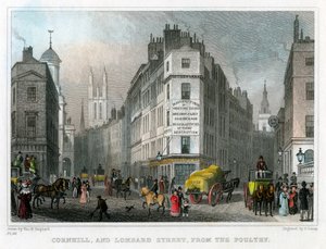 Cornhill ja Lombard Street Poultrysta, Lontoon kaupungista, 1830.