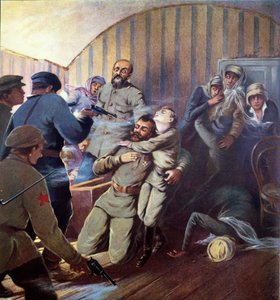Tsaari Nikolai II:n (1868-1918) ja hänen perheensä teloittaminen Jekaterinburgissa, 17. heinäkuuta 1918, H. de Weindelin kirjasta Histoire des Soviets, 1923-24 tekijältä S. Sarmat