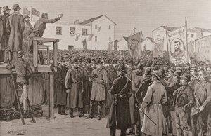 Constabulary vartioi hallituksen reportteria "kampanjasuunnitelmakokouksessa", "The Illustrated London News", 8. tammikuuta 1887 (kaiverrus)