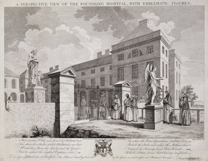 Perspektiivikuva Foundling-sairaalasta symbolisilla hahmoilla, 1749 tekijältä S. Vale