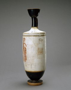 White Ground Lekythos nuori naisen kanssa haudalla, 450-440 eKr. (terrakotta valkoisella pohjalla) tekijältä Sabouroff Painter (attr. to)