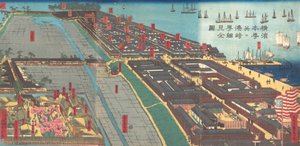 Yksityiskohtainen vedos Yokohama Hon-chosta ja Miyozaki Pleasure Quarterista, 4. kuukausi. 1860. tekijältä Sadahide Utagawa