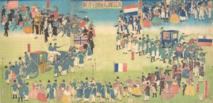 Ihmisten kulkue viidestä maasta: Hollannista, Venäjältä, Ranskasta, Englannista ja Amerikasta, 1861., tekijältä Sadahide Utagawa