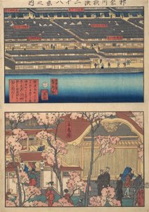 Kaksi näkymää: Kaigan-chon ranta, 3-chome ja 4-chome, ja sisäänkäynti t...:iin, 4. kuukausi, 1860.