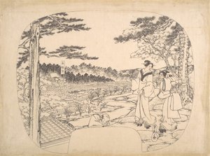 Kaksi naista ihailemassa nähtävyyksiä näköalapaikalta... Zenpukuji-temppeli, 1800-luku. tekijältä Sadahide Utagawa