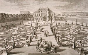 Itävaltalainen talo ja puutarha, kaivertaja Johann August Corvinus (1683-1738), julkaistu noin 1730-40 (kaiverrus).