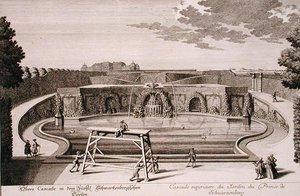 Suuri suihkulähde Schwarzenbergin prinssin puutarhassa Wienissä, kaiverrus Georg-Daniel Heumann (1691-1759), julkaistu noin 1724-37 (kaiverrus) (katso myös 170853)