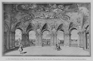Oberes Belvedere: Sala terrena, toteuttamaton malli, kaiverrus Johann August Corvinus (litho)
