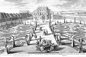 Näkymä puutarhaan ja taloon Josefstadtissa, Wienissä, kaiverrus Johann August Corvinus (1683-1738) (kaiverrus)
