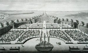 Näkymä Geibachin appelsiinitalosta, kaiverrus Johann Georg Pintz (1697-1767/8)