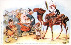 Karikatyyri Ranskan tasavallan presidentin Emile Loubetin (1838-1929) saapumisesta Lontooseen vuonna 1903 (värilitho) tekijältä Salomon Assus