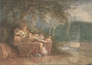 aPuisto, jossa on hahmoja patsaan luona lähellä vettä, 1775.