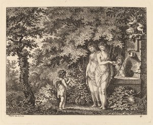 Eros kolmen tytön kanssa suihkulähteellä, 1770. tekijältä Salomon Gessner