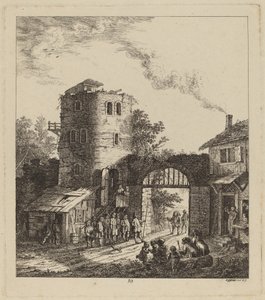 Kyläläiset kaupungin portilla tervehtimässä arvohenkilöä, 1764. tekijältä Salomon Gessner