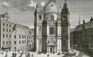 Näkymä Wienin Peterskirchelle, kaiverrettu Johann Bernard Hattinger