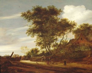 Metsäinen maisema, jossa lapset leikkivät tiellä mökin luona, 1658