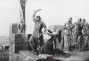 Alonso de Guzman heittää tikarinsa Don Juanille (litografia) tekijältä Salvador (after) Martinez Cubells