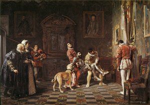 "" Turnauksen paluu "" Nuori ritari loukkaantuu tuodaan takaisin palatsiin kahden sivun tukemana. Salvador Martinez Cubellsin (1845-1914) maalaus 1881 Valencia. Bellas Artes San Pion museo
