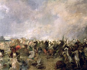 Guadalaten taistelu yksityiskohta goottien pakenemisesta kuningas Rodericin käskystä Tarik Ibn Ziyadin muslimiratsuväen läsnäollessa, 711 jKr (öljy kankaalle) (yksityiskohta)