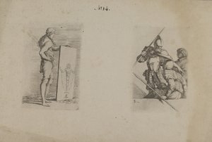 (Figuurisarja) Pitkätukkainen mies, jolla on kyltti kädessään) tekijältä Salvator Rosa